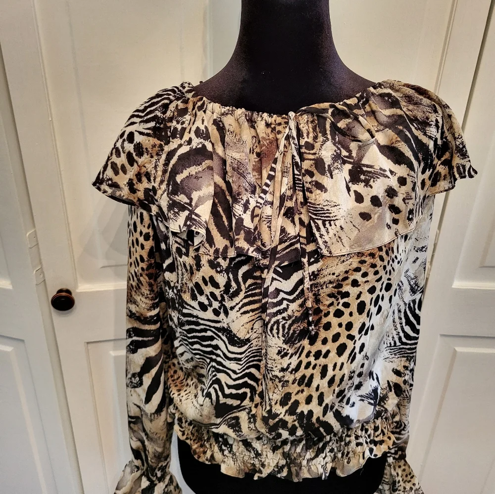 4/$19 Y2k Sheer Animal Print On/Off Shoulder Blouse Smocked Bottom Going Out - Picture 3 of 8